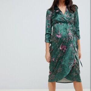 Asos Hope & Ivy Green Velvet Velour Wrap Maternity Midi Dress 3/4 Sleeve 2US 6UK